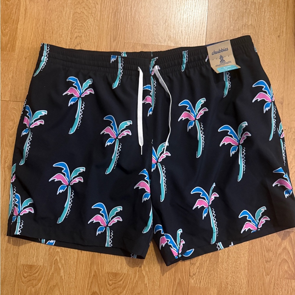 Chubbies Black Swim Trunks with Pink and Blue Palm Trees